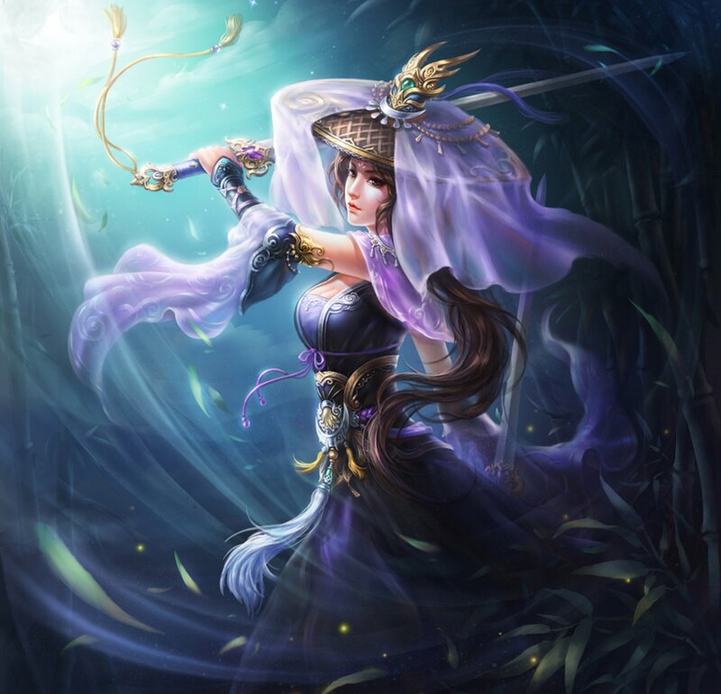 Woman in Purple Dress — Dramatic, Night, Digital Art, Sword, Bamboo