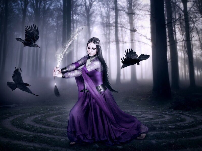 Woman in Purple Dress — Dramatic, Night, Digital Art, Sword, Crows