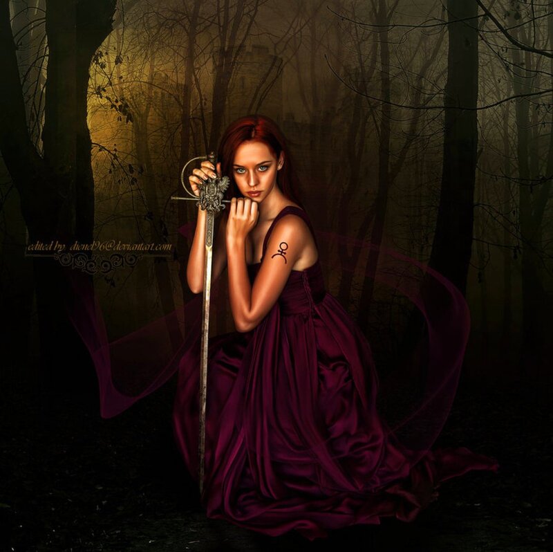 Woman in Purple Dress — Dramatic, Night, Digital Art, Sword, Forest