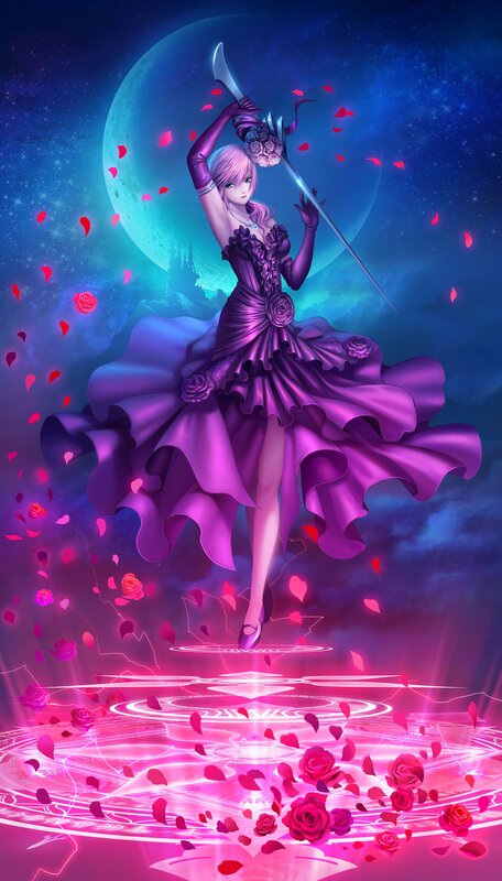 Woman in Purple Dress — Dramatic, Night, Digital Art, Sword, Moon, Roses