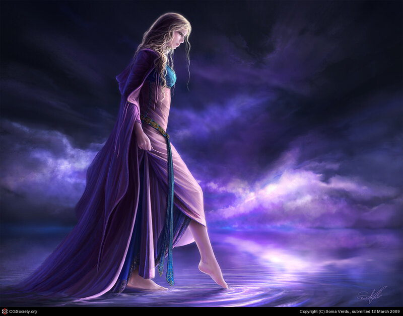 Woman in Purple Dress — Dramatic, Night, Digital Art, Water, Clouds, Blue