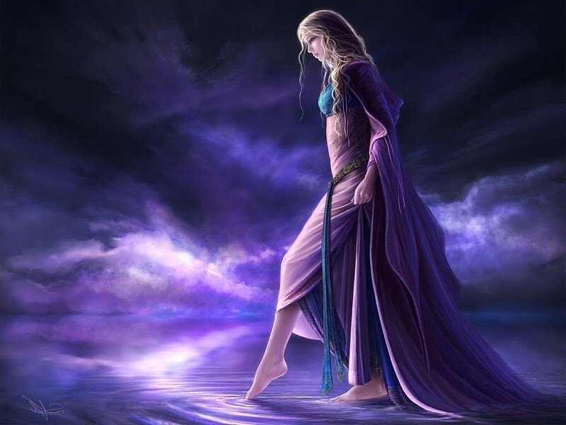 Woman in Purple Dress — Dramatic, Night, Digital Art, Water, Clouds