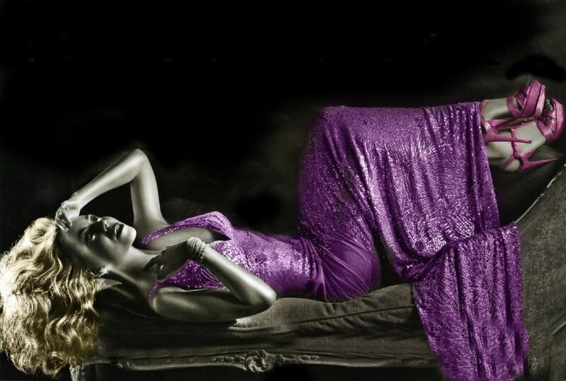 Woman in Purple Dress — Dramatic, Night, Photograph, Heels, Couch
