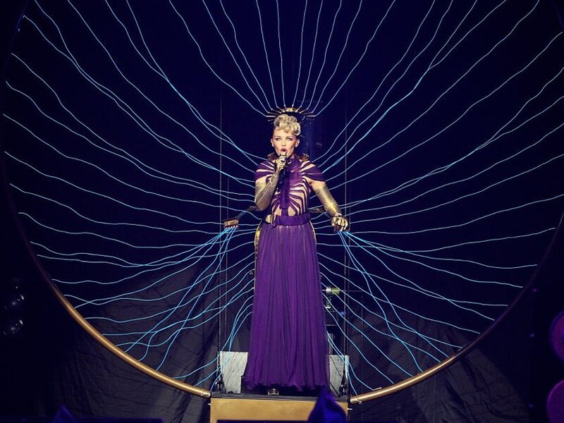 Woman in Purple Dress — Dramatic, Night, Photograph, Microphone