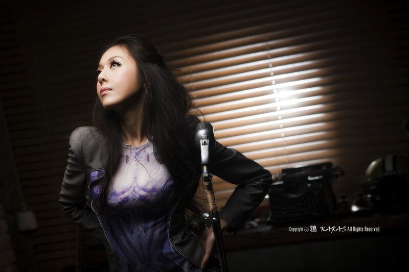Woman in Purple Dress — Dramatic, Night, Photograph, Microphone, Typewriter