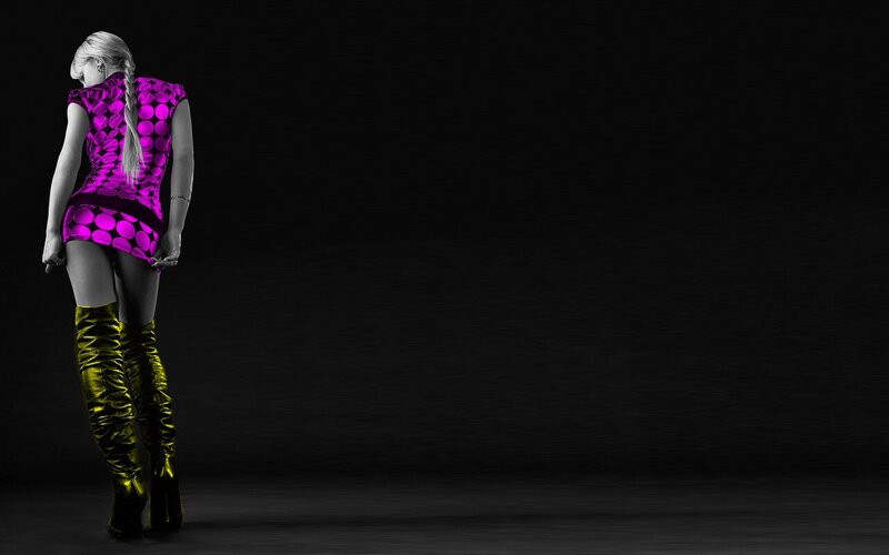 Woman in Purple Dress — Dramatic, Photograph, Boots