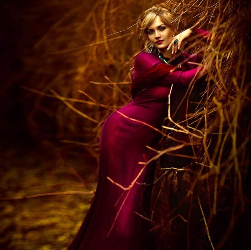 Woman in Purple Dress — Dramatic, Photograph, Branches