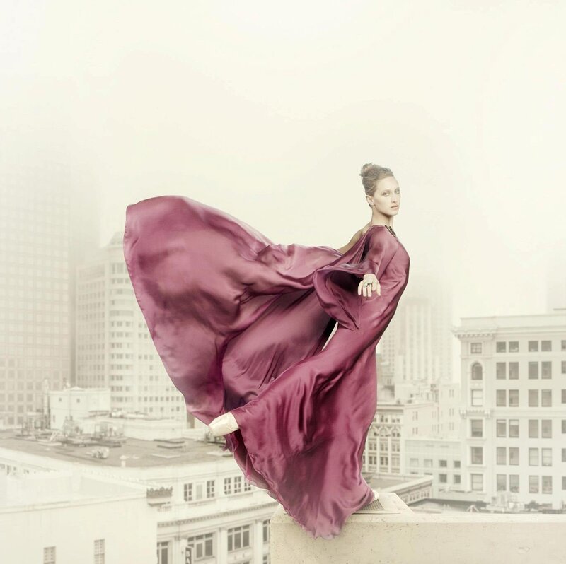 Woman in Purple Dress — Dramatic, Photograph, Cityscape