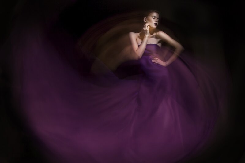 Woman in Purple Dress — Dramatic, Photograph, Dark Background