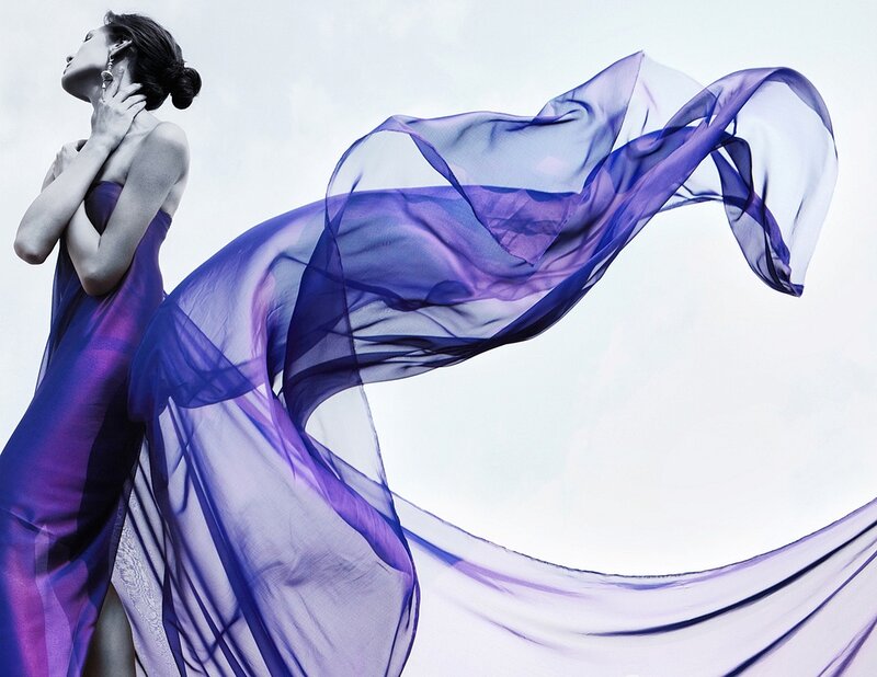 Woman in Purple Dress — Dramatic, Photograph, Hair, Earring