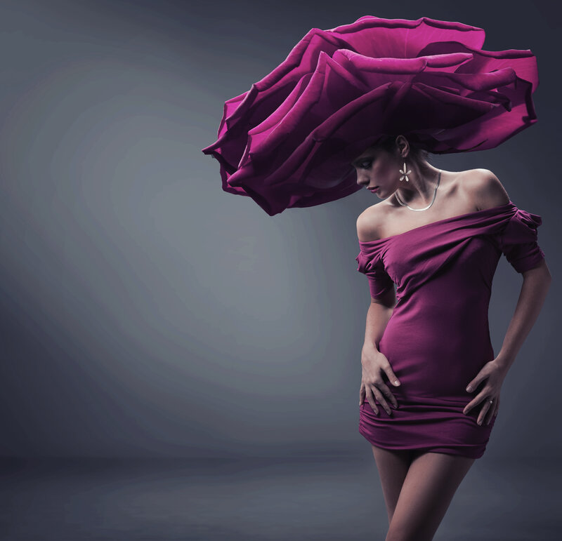 Woman in Purple Dress — Dramatic, Photograph, Hat