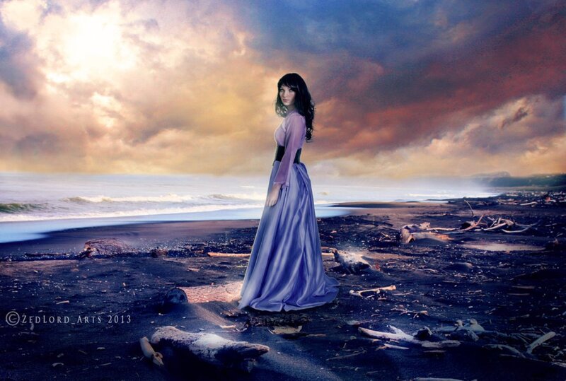 Woman in Purple Dress — Dramatic, Sunset, Digital Art, Beach