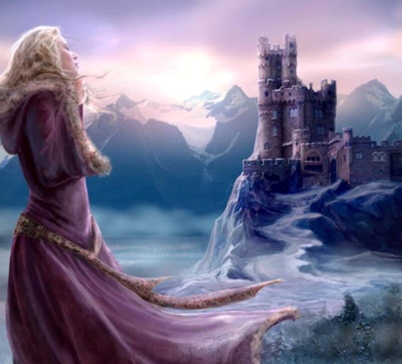Woman in Purple Dress — Dramatic, Sunset, Digital Art, Castle