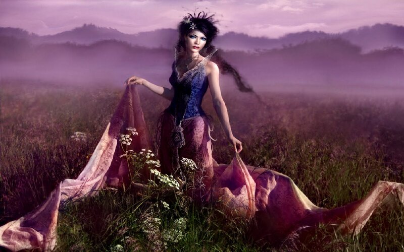 Woman in Purple Dress — Dramatic, Sunset, Digital Art, Field