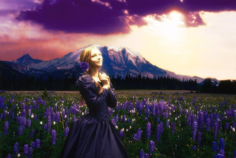 Woman in Purple Dress — Dramatic, Sunset, Digital Art, Mountain