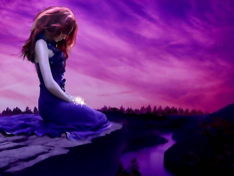 Woman in Purple Dress — Dramatic, Sunset, Digital Art, River