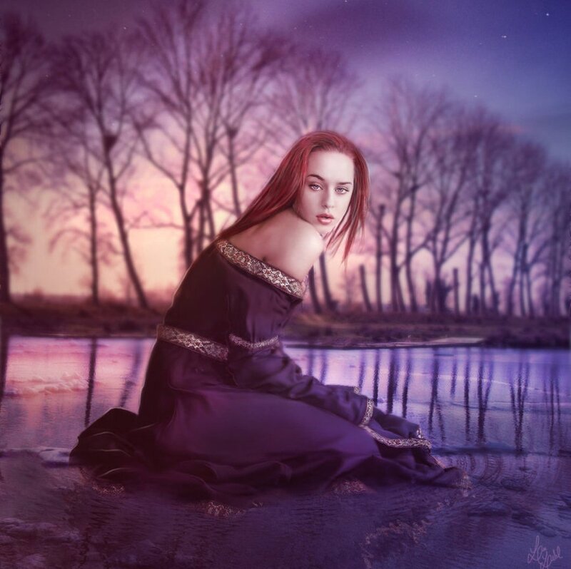 Woman in Purple Dress — Dramatic, Sunset, Digital Art, River, Trees