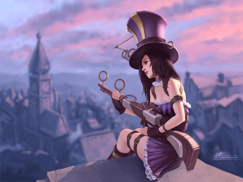 Woman in Purple Dress — Dramatic, Sunset, Digital Art, Top Hat, Gun, City