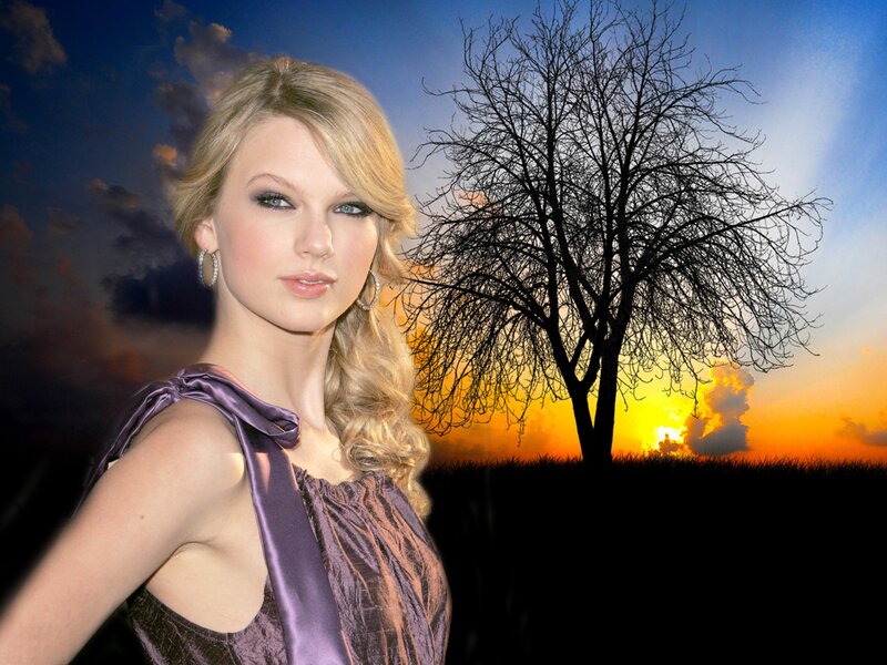 Woman in Purple Dress — Dramatic, Sunset, Photograph, Tree, Field
