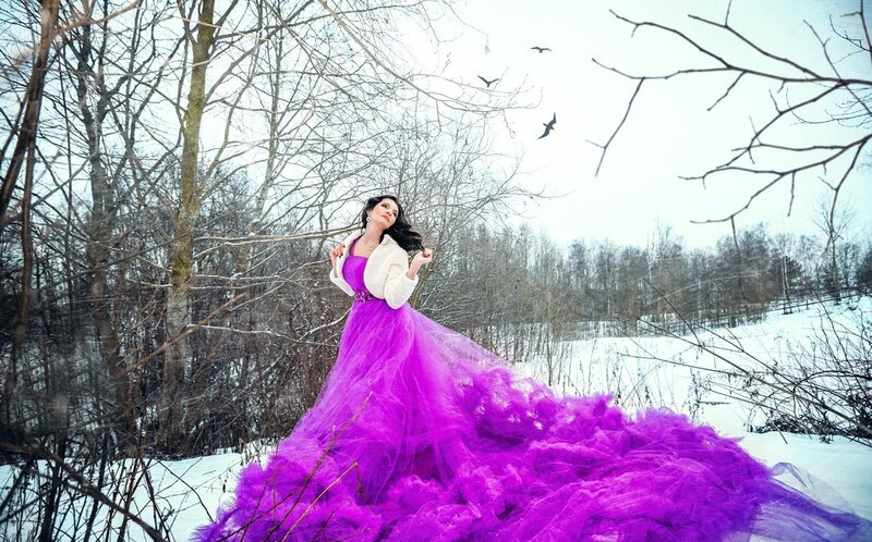 Woman in Purple Dress — Dramatic, Winter, Photograph, Snow, Trees, Birds