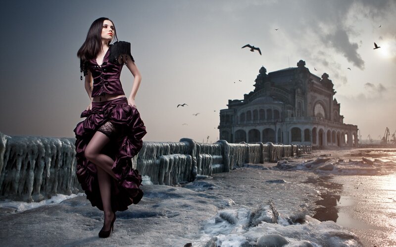 Woman in Purple Dress — Dramatic, Winter, Photograph