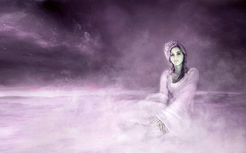 Woman in Purple Dress — Dreamy, Night, Digital Art, Clouds