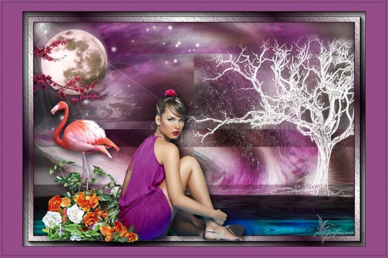 Woman in Purple Dress — Dreamy, Night, Digital Art, Flamingo