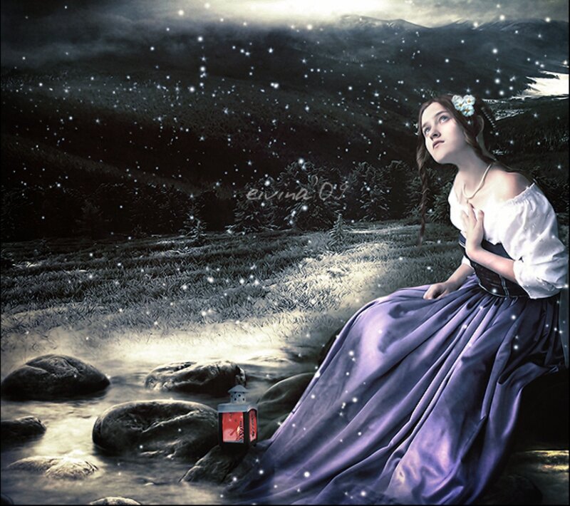 Woman in Purple Dress — Dreamy, Night, Digital Art, Lantern