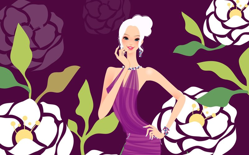 Woman in Purple Dress — Elegant, Vector Art, Flowers