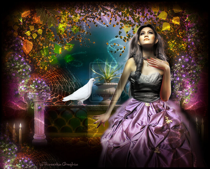 Woman in Purple Dress — Fantasy, Night, Digital Art, Dove