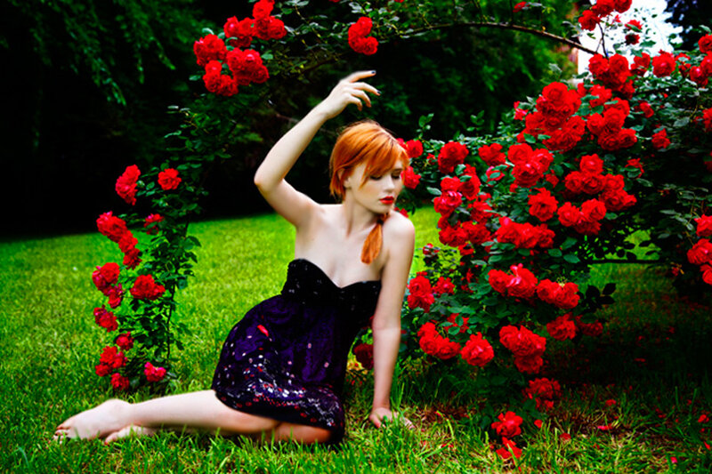 Woman in Purple Dress — Green, Dramatic