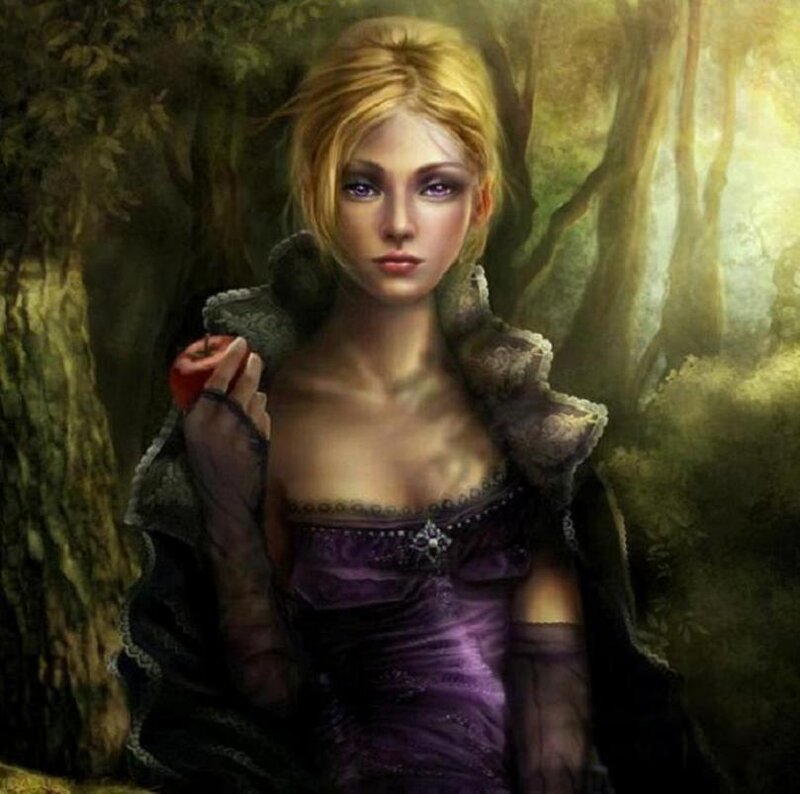 woman in purple dress holding apple