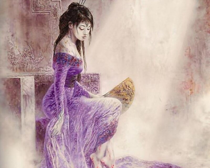 woman in purple dress holding fan