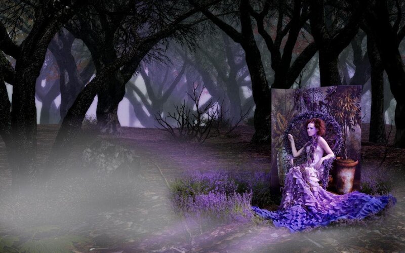 Woman in Purple Dress — Mystical, Night, Digital Art, Forest, Trees