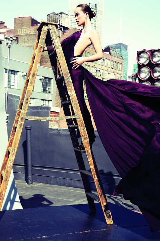 Woman in purple dress on ladder