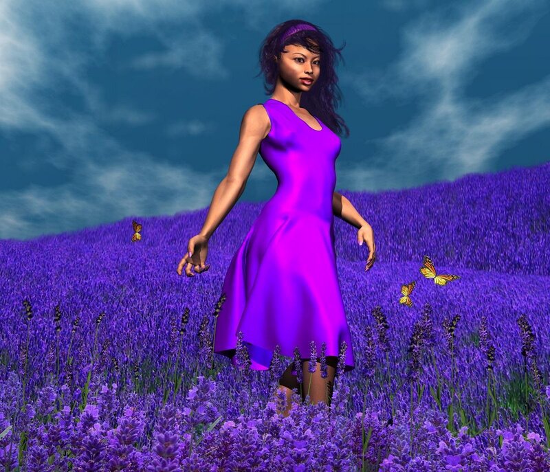 Woman in Purple Dress — Serene, Afternoon, 3d Render