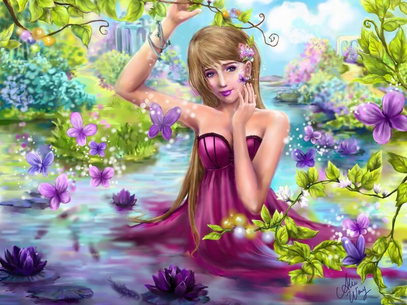 Woman in Purple Dress — Serene, Afternoon, Digital Art, Butterflies, Flowers