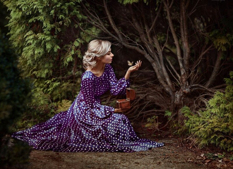 Woman in Purple Dress — Serene, Afternoon, Photograph, Butterfly