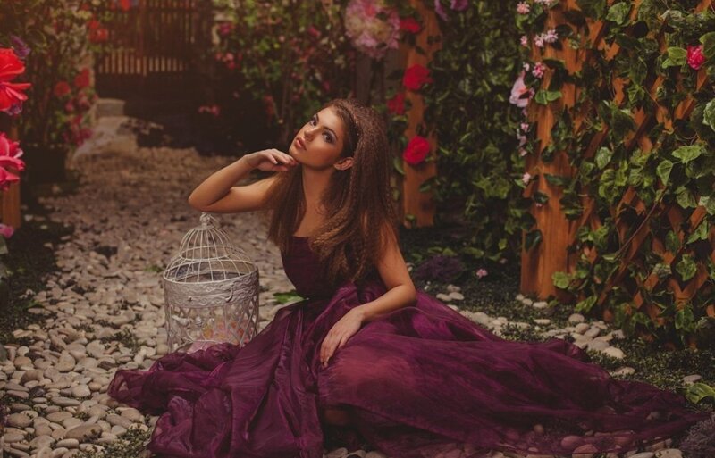Woman in Purple Dress — Serene, Afternoon, Photograph, Flowers, Birdcage, Garden Path