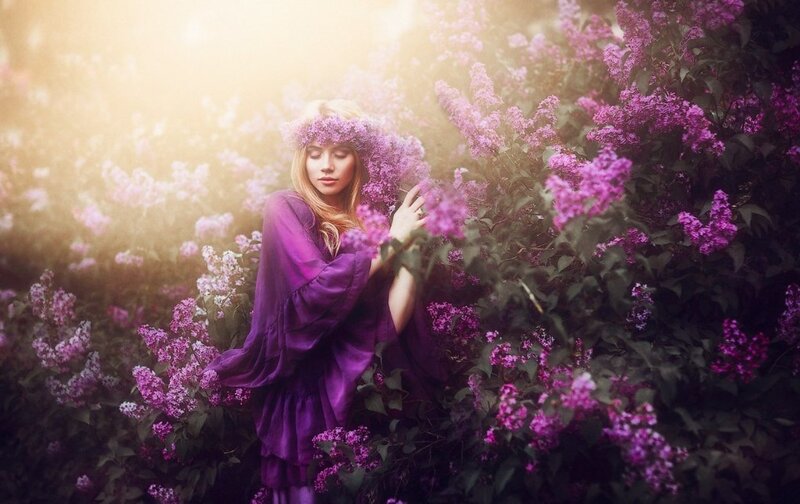 Woman in Purple Dress — Serene, Afternoon, Photograph, Flowers, Crown