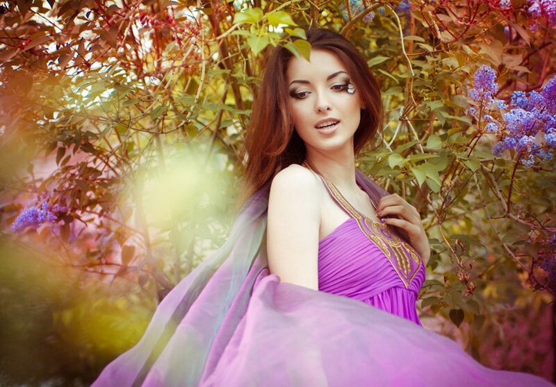Woman in Purple Dress — Serene, Afternoon, Photograph, Flowers, Leaves