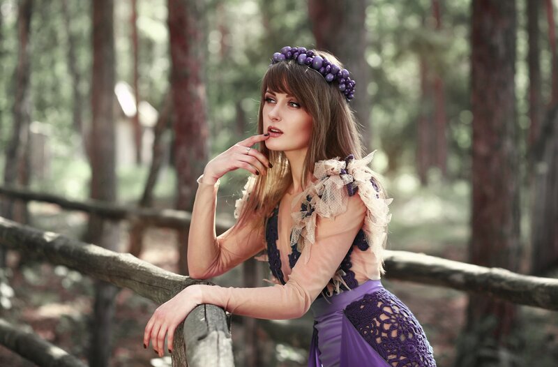 Woman in Purple Dress — Serene, Afternoon, Photograph, Forest, Wooden Fence