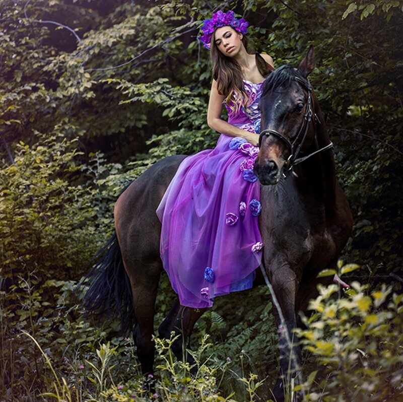 Woman in Purple Dress — Serene, Afternoon, Photograph, Horse