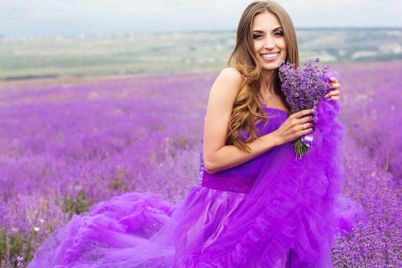 Woman in Purple Dress — Serene, Afternoon, Photograph, Lavender Field, Bouquet
