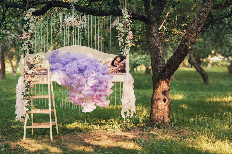 Woman in Purple Dress — Serene, Afternoon, Photograph, Tree, Bed