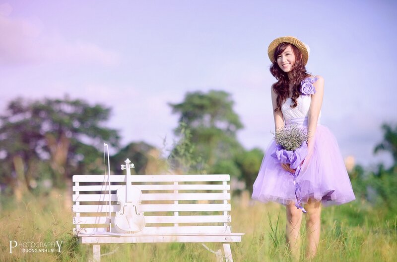 Woman in Purple Dress — Serene, Afternoon, Photograph, Violin, Bench