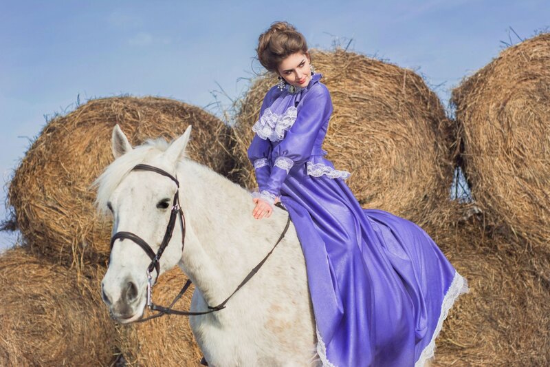 Woman in Purple Dress — Serene, Afternoon, Photograph, White Horse