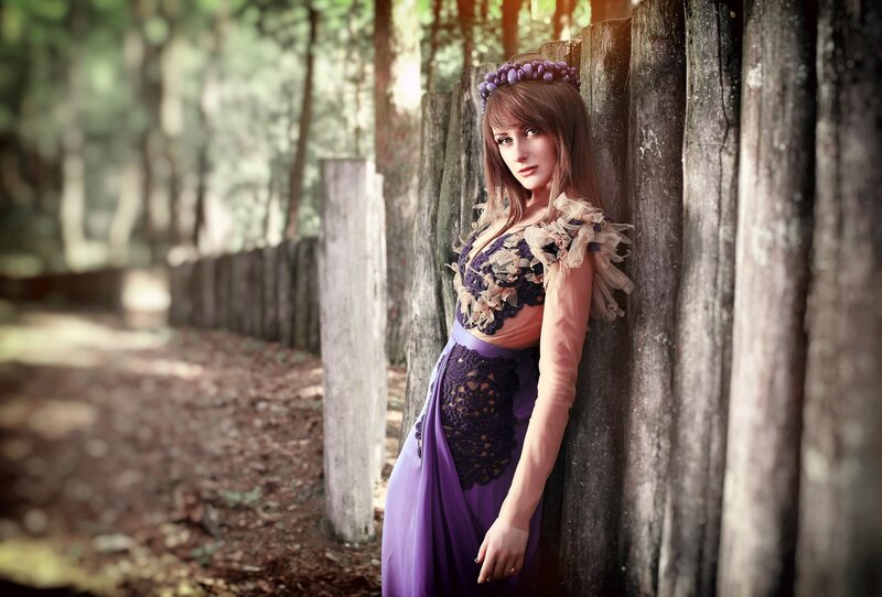Woman in Purple Dress — Serene, Afternoon, Photograph, Wooden Fence