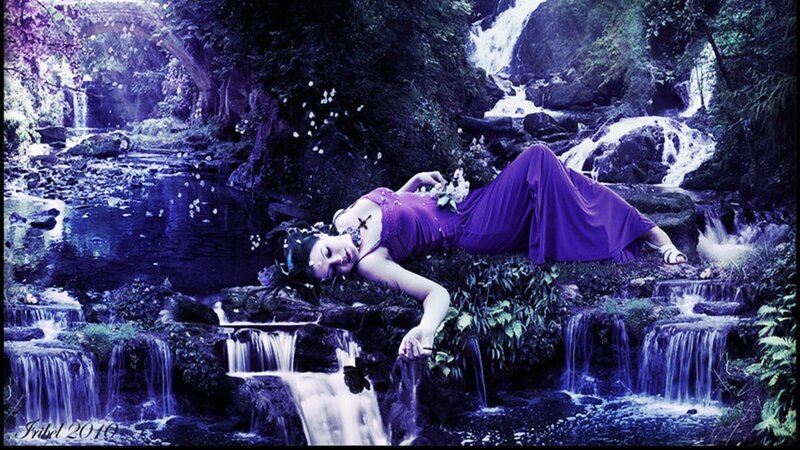 Woman in Purple Dress — Serene, Digital Art, Waterfall