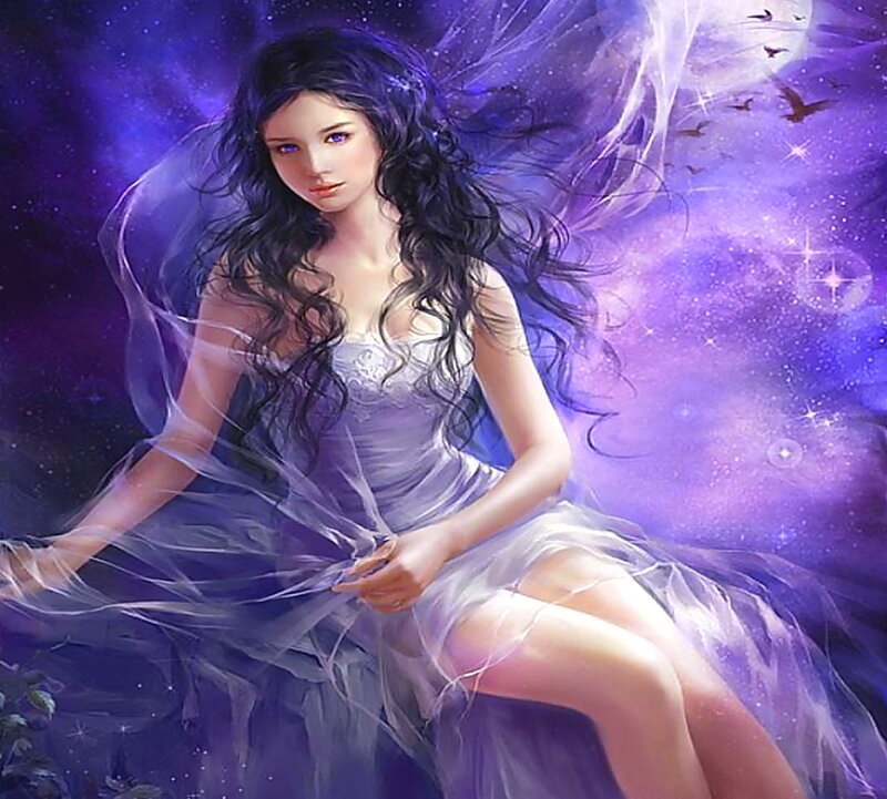Woman in Purple Dress — Serene, Night, Digital Art, Stars